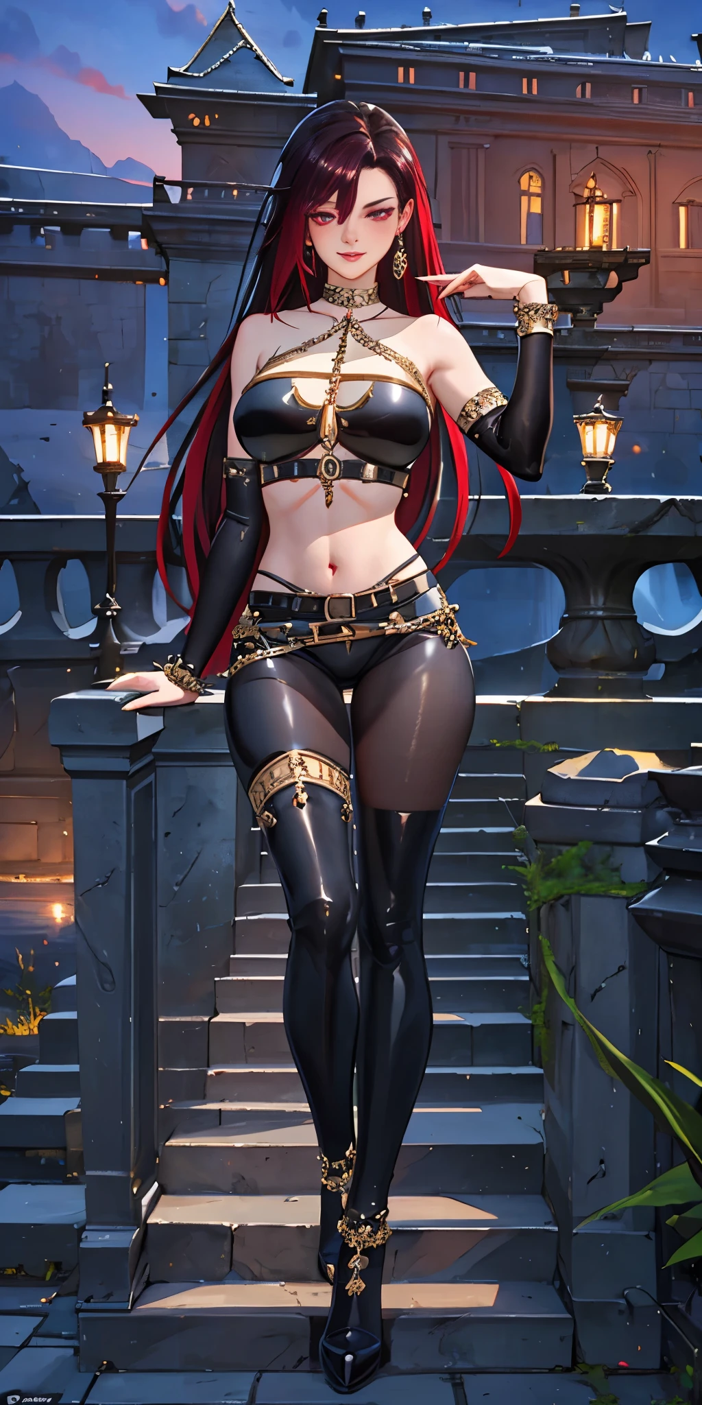 Castle wall as background, seductive pose, (photorealistic:1.4), (masterpiece, front lighting, finely detailed beautiful eyes: 1.2), masterpiece*portrait, realistic, 3d face, red eyes, shiny hair, lustrous skin, solo, embarrassed, (midriff), absolute_cleavage, necklace, sapphire_earrings