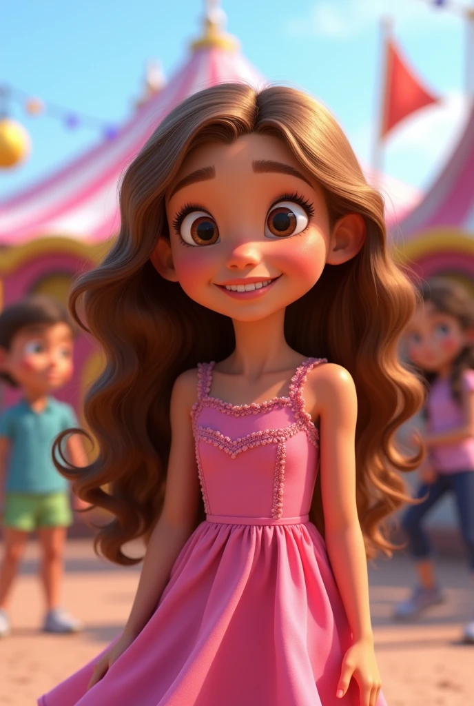 Create Alexia Dias,  8 years old, wavy light brown hair, charmer smile, pink dress, with friends at the amusement park, Pixar animation style.