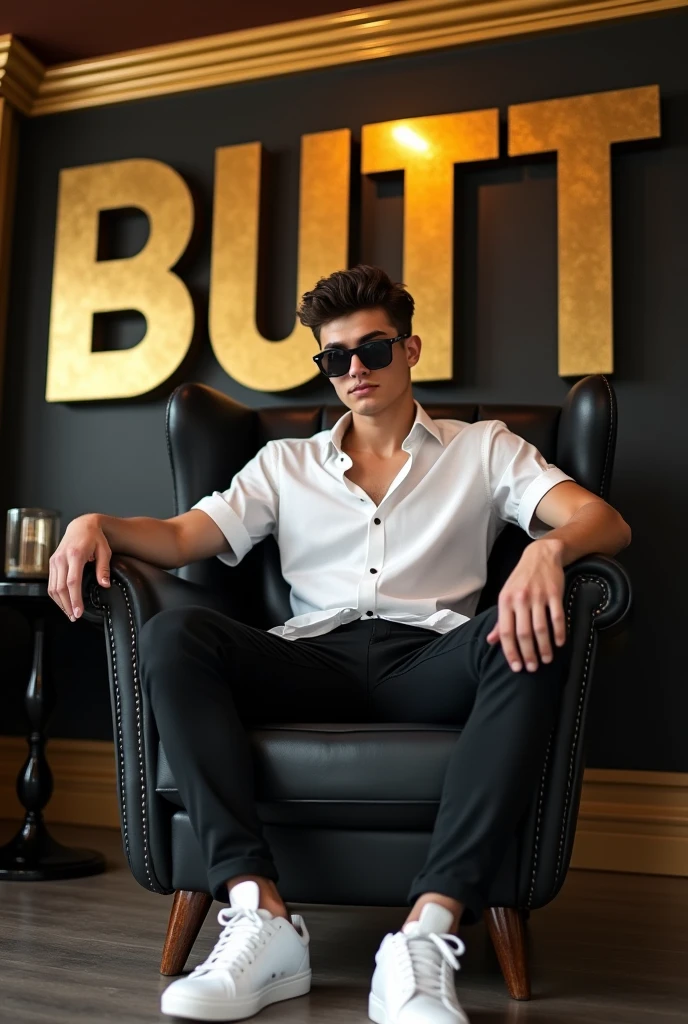 A boy who is 18 years old attitude boy he is wear white stylish shirt and wearing a black pant and wear white sneakers and wearing black gogle sitting casually on a wingback chair and background golden and black theme and back wall writing a BUTT in golden words


