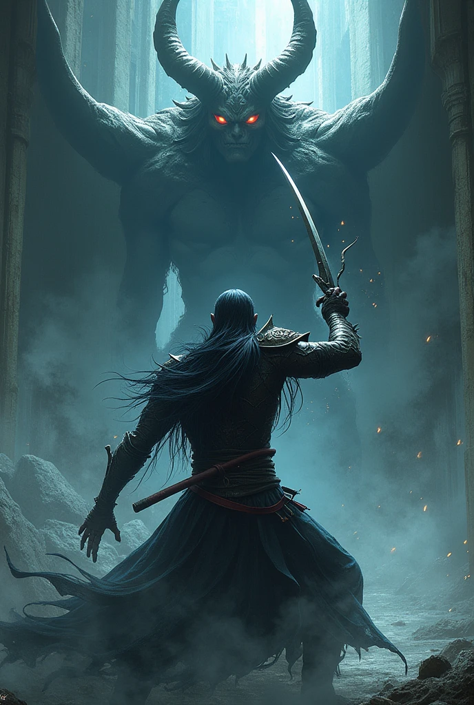 Create a kimetsu no yaiba character with shadow breathing about to hit muzan