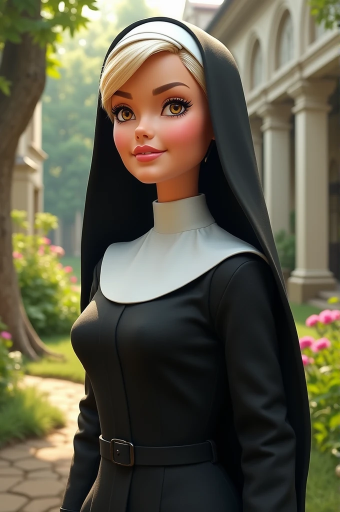 BARBIE CARTOON DRESSED AS A NUN WITH BROWN EYES AND SHORT WHITE HAIR