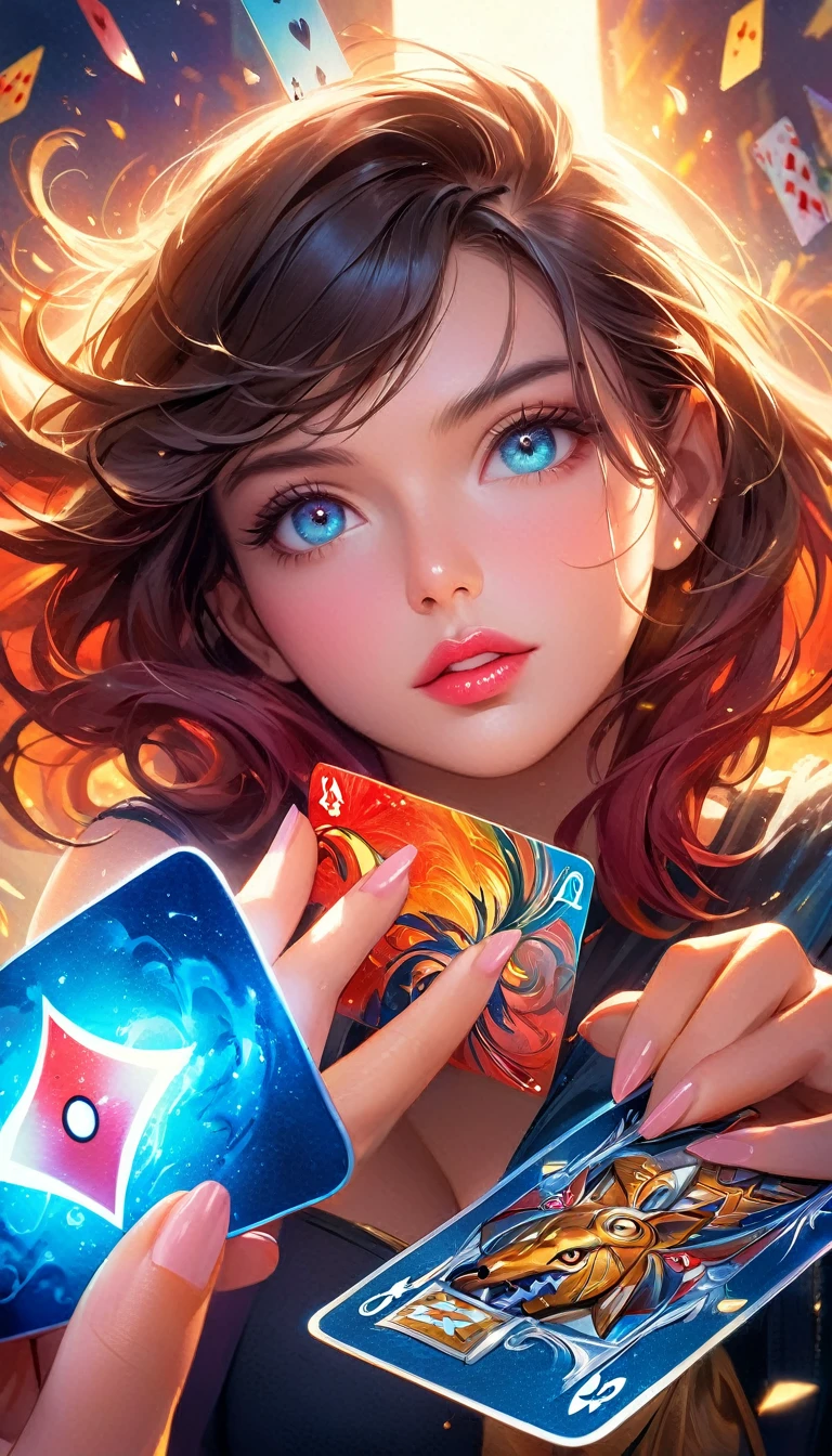 a beautiful woman playing a pokemon card game, cowboy shot, digital painting, beautiful detailed eyes, beautiful detailed lips, extremely detailed face and features, delicate hands holding playing cards, pokemon themed card game, intricate card designs, dynamic camera angle, dramatic lighting, vibrant colors, cinematic composition, highly detailed, photorealistic, 8k, masterpiece, Cinematic Hollywood Film style