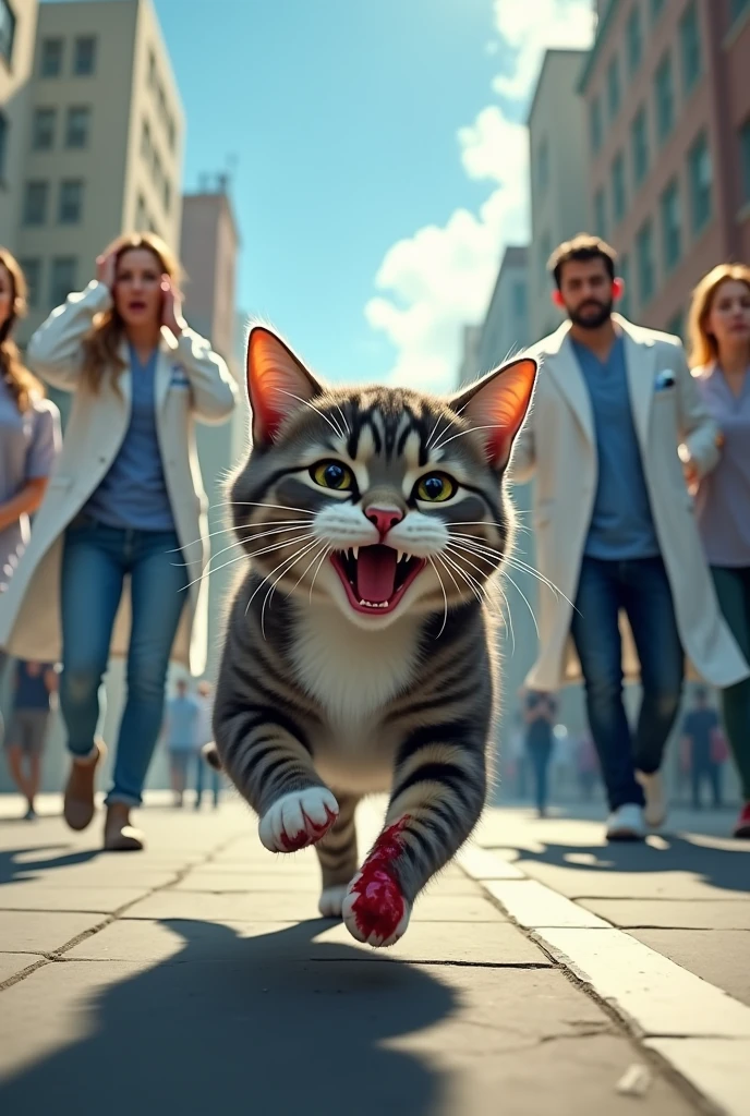 Make me a picture of a gray tabby cat with a white chest and gray paws, with an injured leg with blood running with three legs in the street escaping from two veterinarians, both men, Her worried owner is shown in the background of the image with her hands on her head in a sign of concern., Someone on the street shouted, &quot;Grab him!&quot;. The cat was laughing 