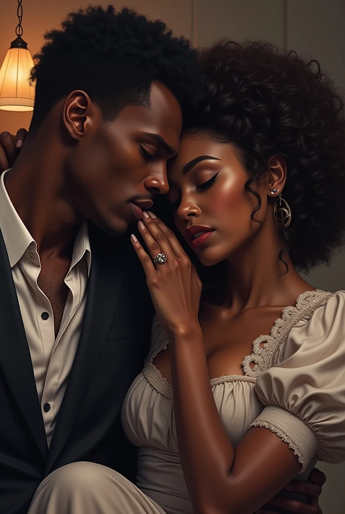 beautiful black woman, sitting on the lap of a white man of unparalleled beauty with an air of intimacy