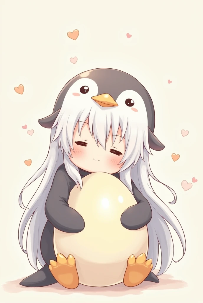 White haired kawaii anime girl in penguin costume hugging an egg logo