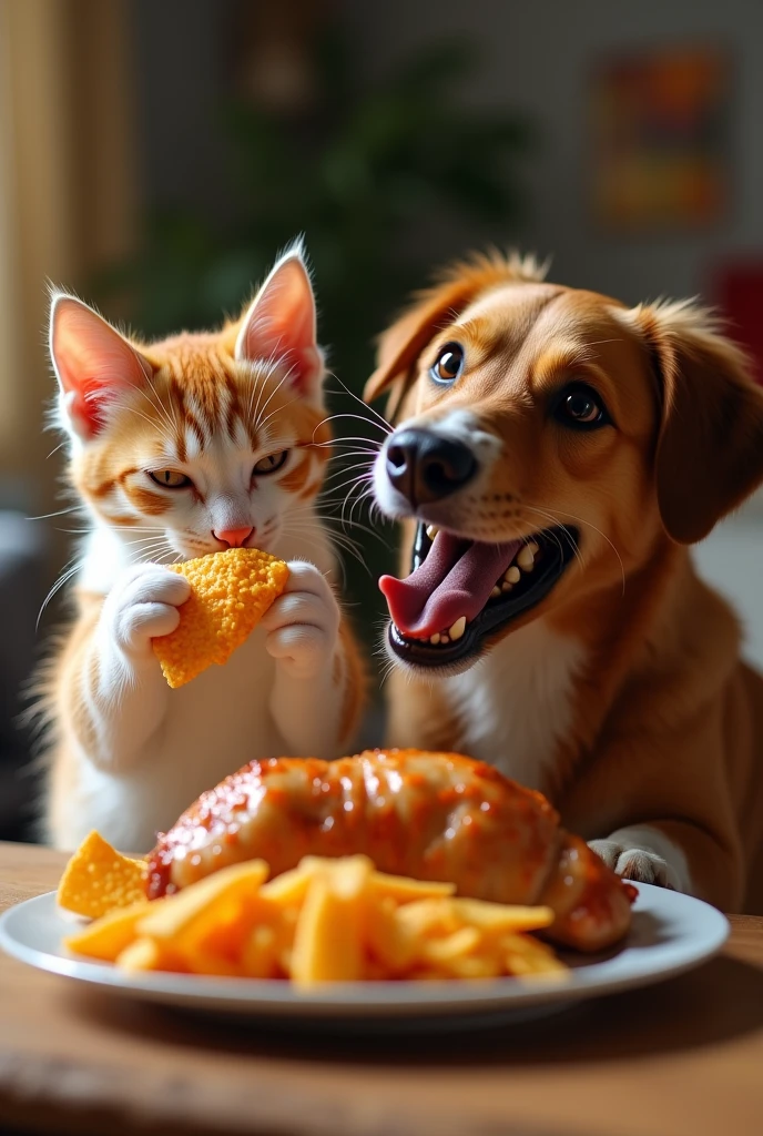 Photorealistic HD image of a cat eating Doritos and a dog eating chicken