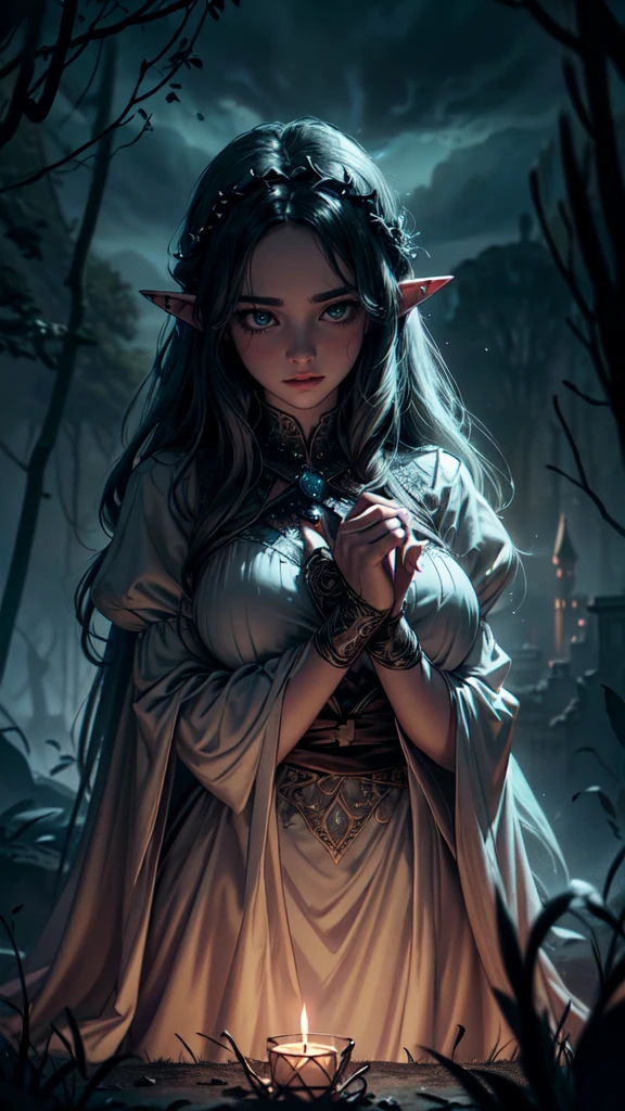 best quality,4k,8k,highres,ultra-detailed,realistic:1.37),(smoky, ethereal:1.1),(dark fantasy, surreal:1.2),(mysterious, dream-like:1.1),(exquisite, intricate:1.1),(magical, enchanted:1.1),girl made of smoky threads,piercing gaze,fantastic world,dark fantasy novel,(intricate tapestry),(ethereal mist),(mystical aura),(ominous atmosphere),(shadowy figures),(whispering secrets),(enchanted forest),(lost ruins),(glowing celestial objects),(towering castles),(ominous clouds),(flickering candlelight),(haunting echoes),(mysterious creatures),vivid colors,bokeh,detailed eyes, detailed hands, elf woman, full body