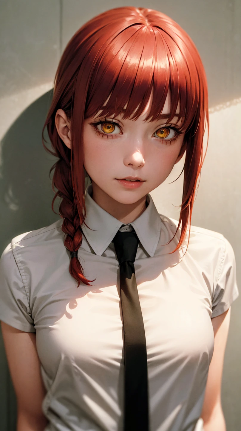 best quality, masterpiece, highres, 8k, photorealistic, original, extremely detailed wallpaper, (ultra-detailed), (best illustration), (best shadow), 1girl, (upper body:1.4), makima, red hair, yellow eyes, standing, braided ponytail, ringed eyes, collared shirt, black necktie, black pants,