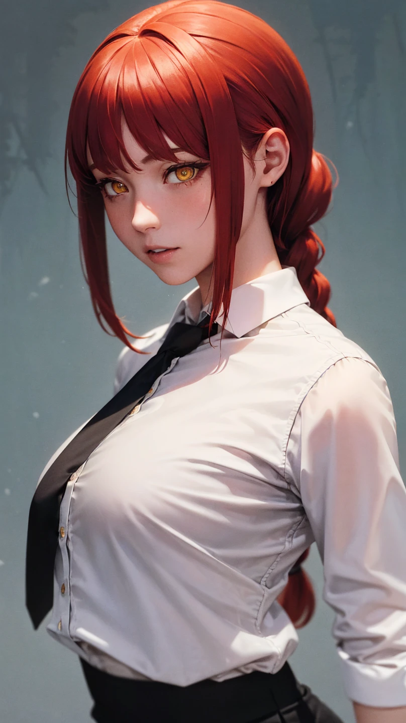 best quality, masterpiece, highres, 8k, photorealistic, original, extremely detailed wallpaper, (ultra-detailed), (best illustration), (best shadow), 1girl, (upper body:1.4), makima, red hair, yellow eyes, standing, braided ponytail, ringed eyes, collared shirt, black necktie, black pants,