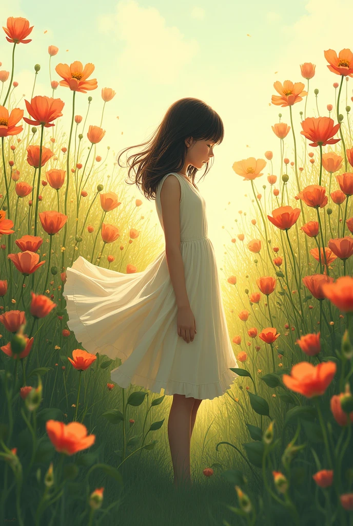 young girl in a dress in a field of tall flowers shadow!!!!
