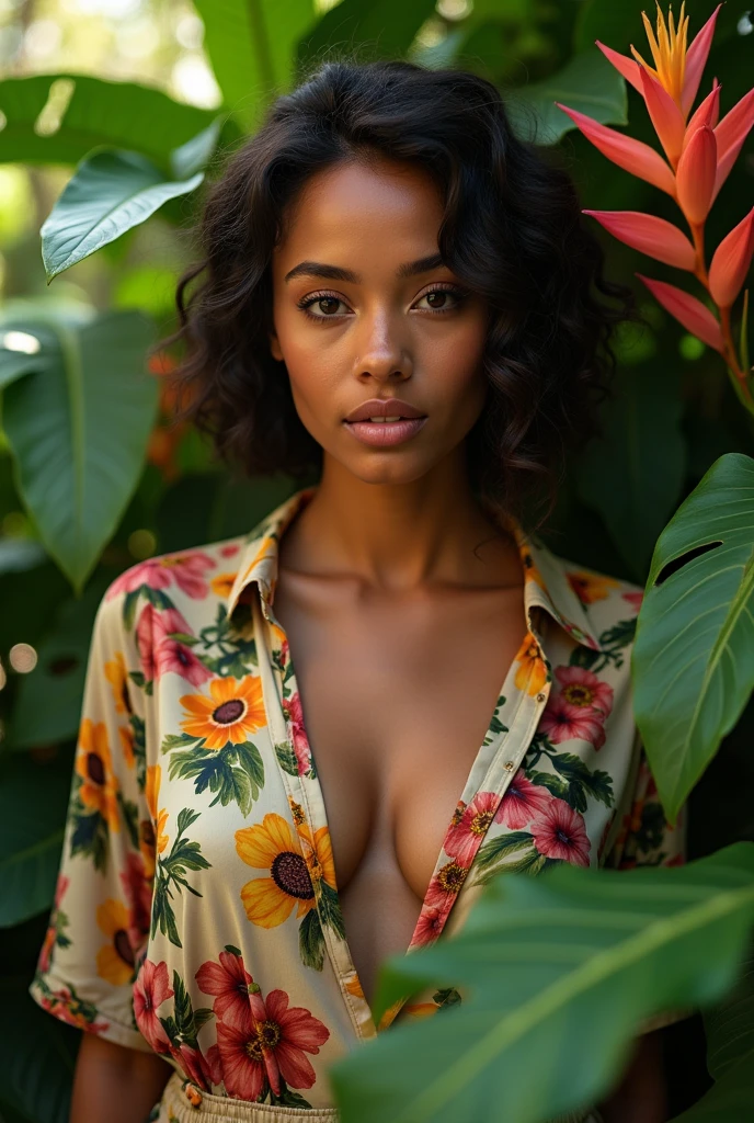 A Brazilian woman in a lush tropical garden, wearing an open shirt with a floral print, with a close-up capturing the harmonious beauty between her breasts and the natural flowers, showing off your natural charm and outgoing personality.