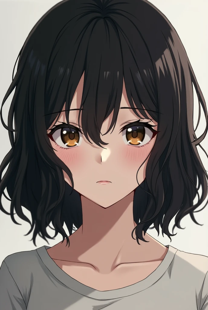 White anime girl style character, medium black wavy hair, with brown eyes and a serious look, indicter
