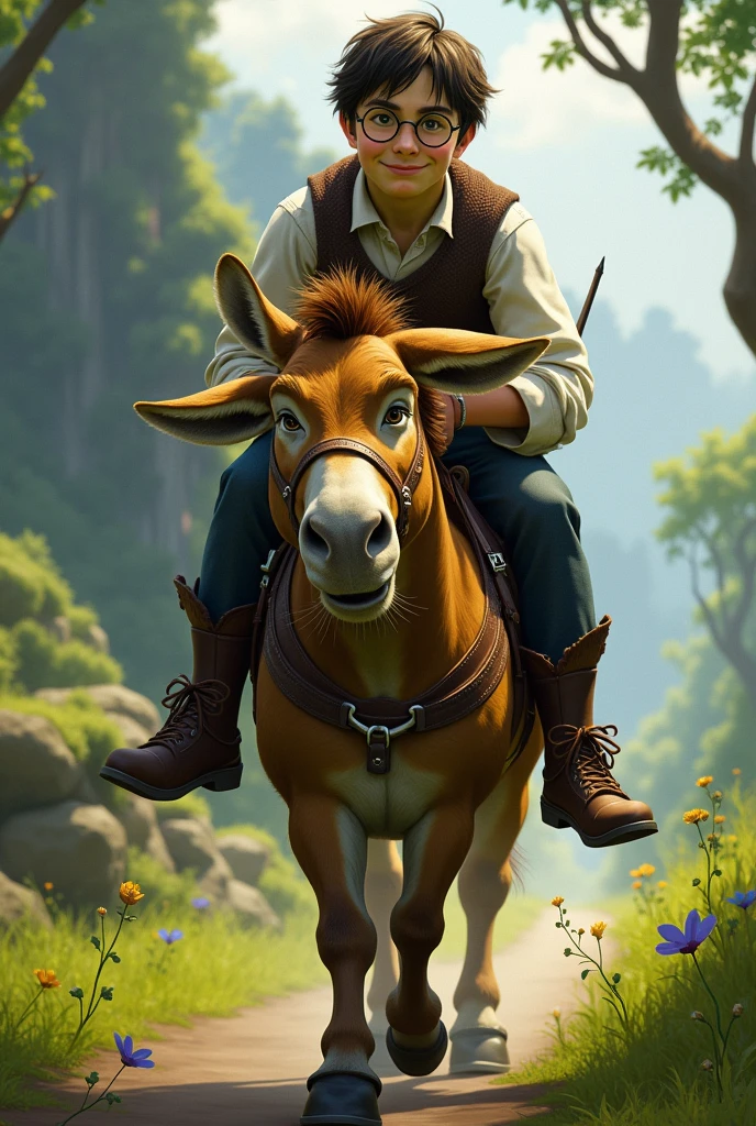 Shrek's donkey being ridden by Harry Potter
