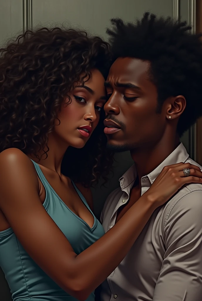 A most handsome black Americantouching on his head looking stressed out but a beautiful black American maid with curly hair comforting him beside him on the other side thereisawomanlookingthem with jealous