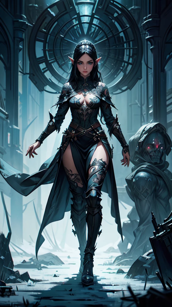 snowstorm, dissolve:1.3), greg rutkowski style, many details, symmetric, dark fantasy, dark botanical, intricate, tattoo, imaginative, highly detailed,detailed eyes, detailed hands, elf woman, full body