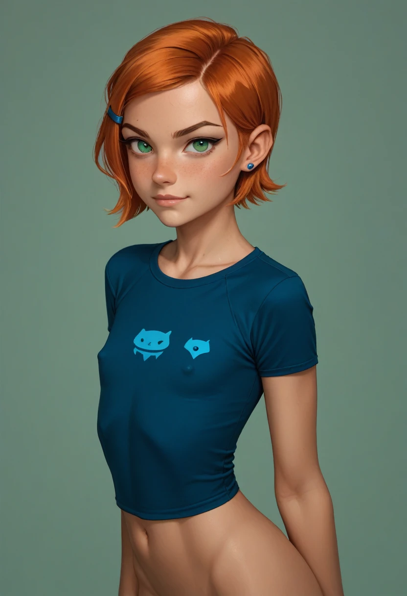 score_9, score_8_up, score_7_up,score_6_up, score_5_up, 1girl, looking at the viewer, gwen_tennyson, ben_10, 1girl, green_eyes, orange_hair, small_body, flat chest 