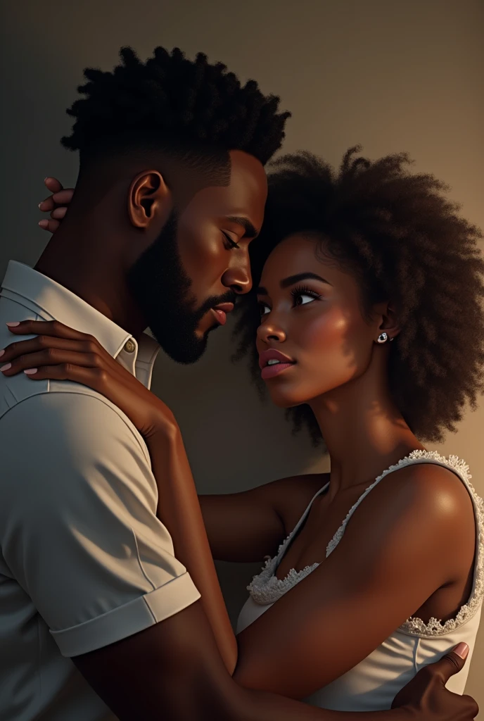 A most handsome  black Americantouching on his head looking stressed out but a beautiful black American maid with curly hair comforting him beside him on the other side thereisawomanlookingthem with jealous