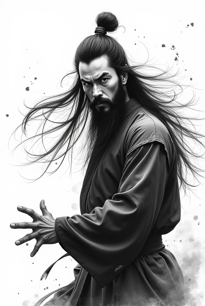 zydink, monochrome, ink sketch, 1boy, asian (middle age man), (long beard, facial hair), fighting stance, looking at viewer, long hair, floating hair, hanfu, chinese clothes, long sleeves, (abstract ink splash:1.2), white background