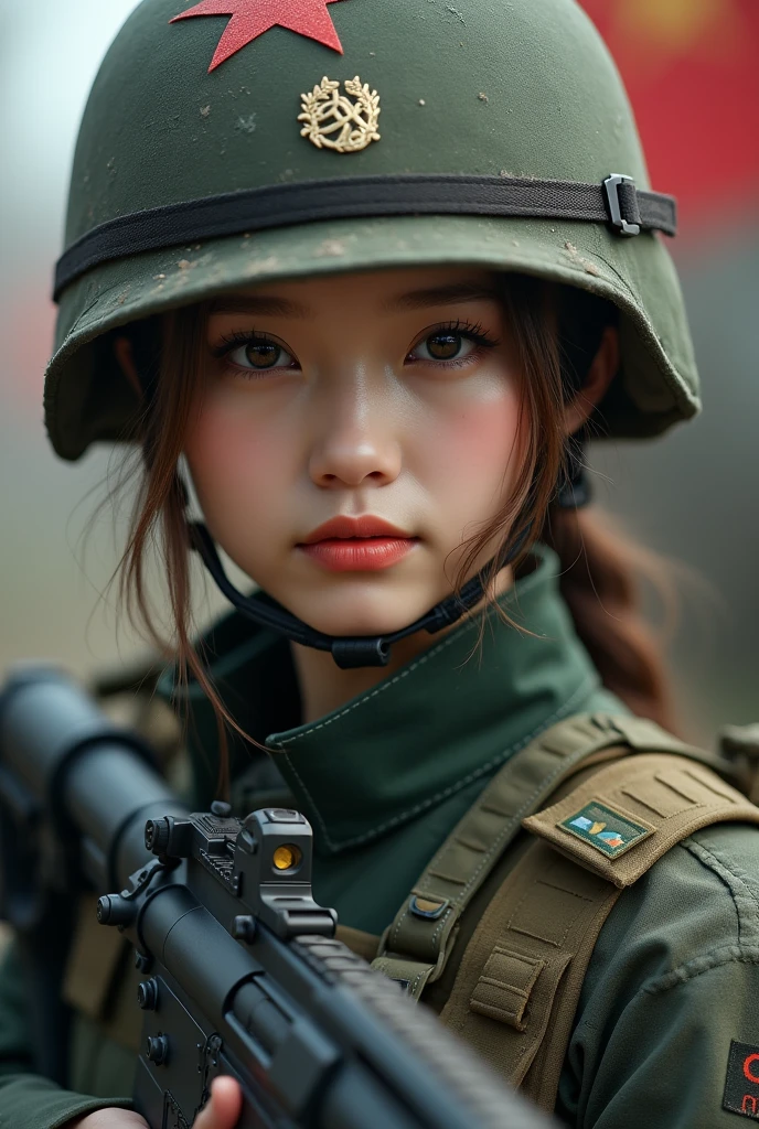 Asian woman in tank top holding gun, Beautiful Female Soldier, beautiful south korean woman, Military Girl, Silent from solid metal gear, Military Girl, With a rifle., Perfect military peace, jaeyeon nam, closeup portrait shot, Silence from solid metal gear V, Automotive Military Girl, Infantry Girl, korean girl, Korean women, with chinese flag, blonde hair