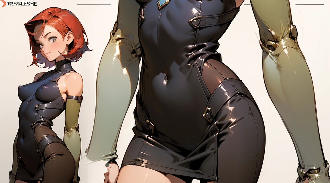 ((Highest quality)), ((masterpiece)), ((Realistic)) 19 years old, Redhead girl, Shoulder-length hair, Erect nipples, Relaxed happy face ((thin)) (Big Breasts), ((( Strapless Red Bodycon Dress ))) (( mini skirt )) ((sexy )) Textured Pixie Haircut (((Detailed character sheet, Front view, Side view, 3/4 Views))) (((White Background))) Six and a half whole bodies