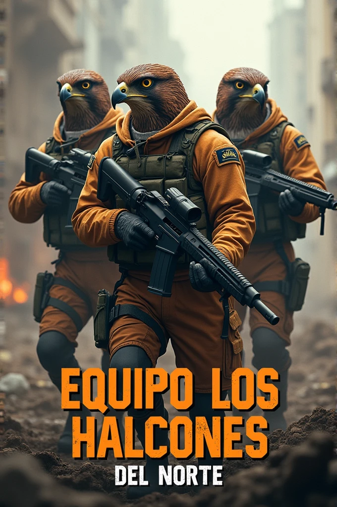 Create three falcons dressed as special commandos with a Mac machine gun in their hands in the middle of the war and that below in a text in Spanish says team the falcons of the North in orange and white