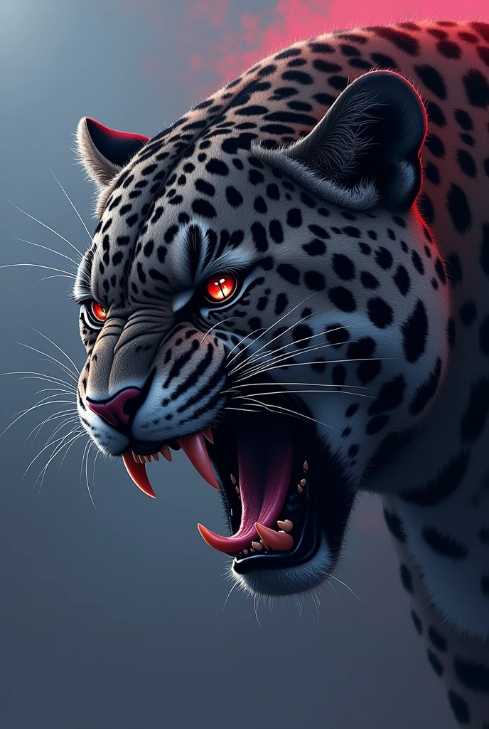 Face of a jaguar, angry face without roaring, drawing, drawing with gradient colors with dark blue and dark pink 