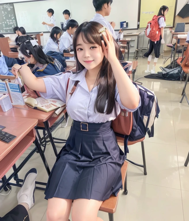 There was a woman sitting at a table with a laptop., wearing ชุดstudent, young woman wearing uniform, wearing a ชุดstudent, เด็กstudentน่ารัก, JK uniform, school girl, Thai anime girl, ของเด็กstudentหญิงกำลังโพสท่า, wearing japanese ชุดstudent, student, เด็กstudentที่เกินจริง, ชุดstudent, Wearing a headmaster&#39;s uniform, standing in class, แต่งตัวเป็นเด็กstudent