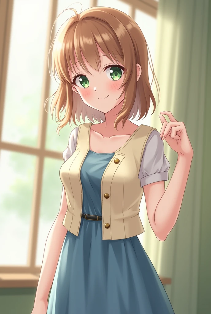 A delicate and elegant girl, shy but cheerful looking. Light brown hair with curls that reaches above the shoulders, bright green tabby eyes. A round but slender face with long eyelashes and slightly marked and feminine lips. Her build is thin and somewhat short., She has a bit of thighs and thin arms, slightly marked hips and somewhat bulging medium-sized breasts. She wears a cream-colored, fitted vest and a casual but simple-style blue dress.