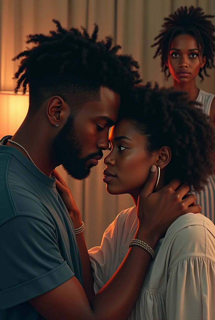 A handsome  black American with curlyshort hairtouching on his head looking stressed out but a beautiful black American maid with curly hair comforting him beside him on the other side thereisawomanlookingthem with jealous