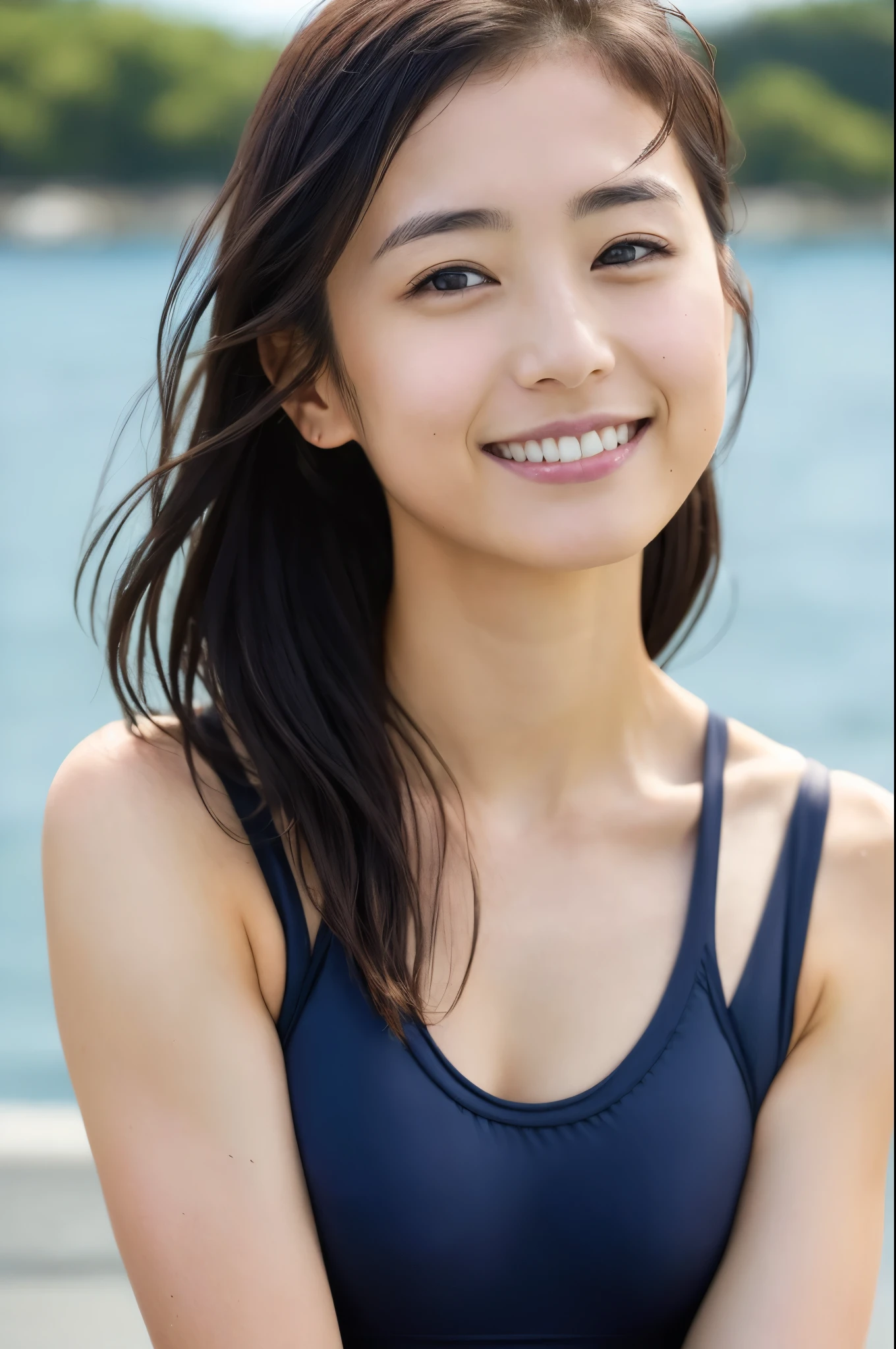 ((top-quality、8K、masterpiece:1.3))、foco nítido:1.2、Beautiful woman with perfect body shape:1.4、Slim abs:1.2、(Layered Hair Style:1.2))、(swim wears:1.3)、Sateen:1.3、Mare:1.2、wetbody:1.1、Highly detailed facial and skin texture、A detailed eye、二重まぶた、huge tit、a smile、