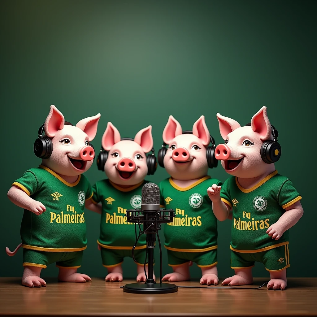 generate a banner with 4 pigs, dressed in the Palmeiras team uniform, em uma sala de podcast, celebrating with microphone and headsets 