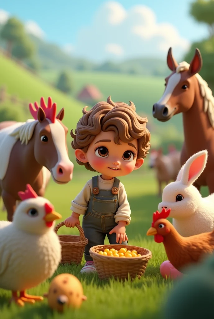 A child farmer, light brown hair slightly curly, brown dark eyes, working with birds , horses, chickens, cows and rabbits 3d hd image 
