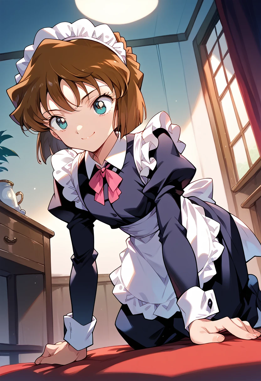 masterpiece,High resolution,Highest quality,8k(Detective Conan,Haibara Ai) (***************,,Flat Chest,short,Brown Hair,short hair) ((Maid clothes,))On all fours,From below,smile