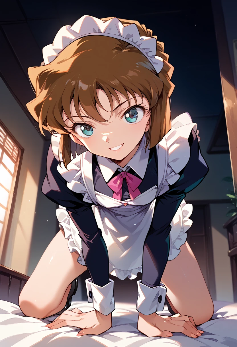 masterpiece,High resolution,Highest quality,8k(Detective Conan,Haibara Ai) (7-year-old girl,,Flat Chest,short,Brown Hair,short hair) ((Maid clothes,))On all fours,From below,smile