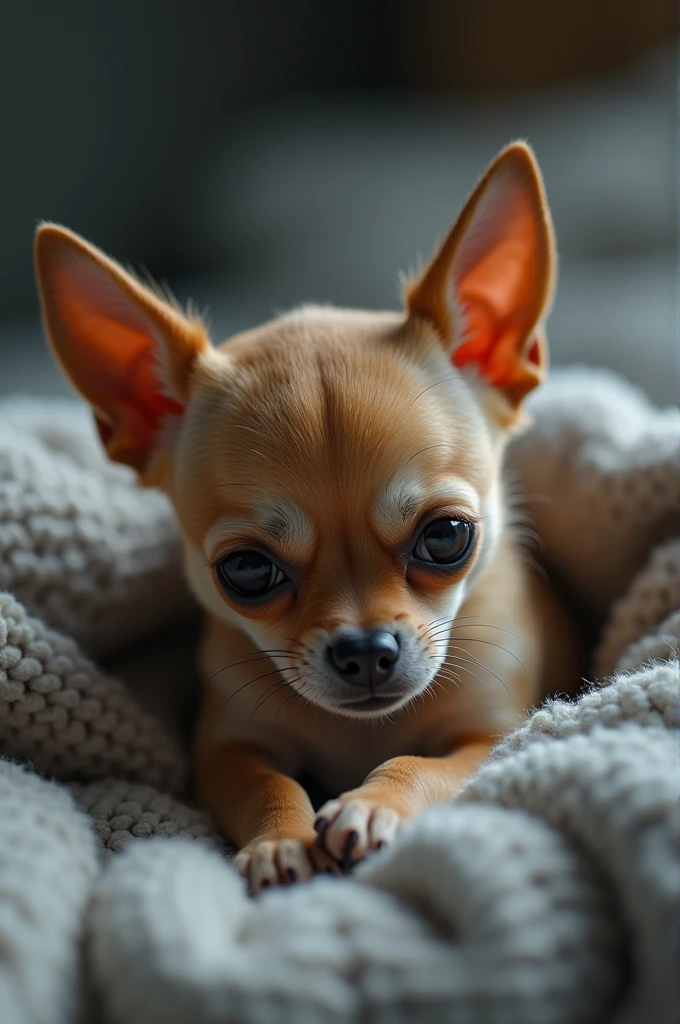 A small dog, Chihuahua, shivering because he can't sleep