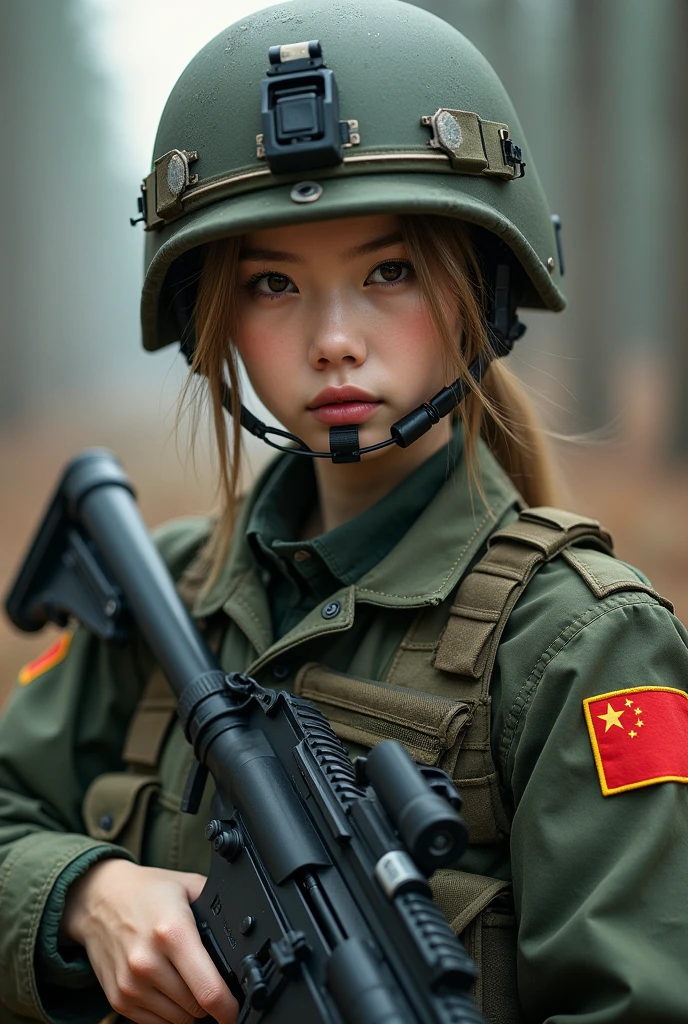 Asian woman in tank top holding gun, Beautiful Female Soldier, beautiful south korean woman, Military Girl, Silent from solid metal gear, Military Girl, With a rifle., Perfect military peace, jaeyeon nam, closeup portrait shot, Silence from solid metal gear V, Automotive Military Girl, Infantry Girl, korean girl, Korean women, with chinese flag and communist patches, blonde hair
