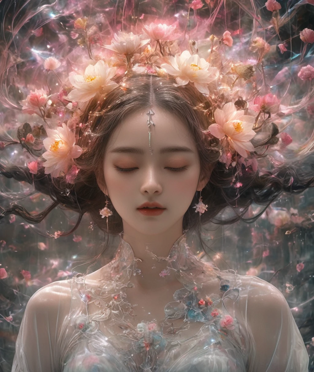 蓮の花をつけた女の子の全身photograph。Positionally correct,to be born, photograph, (concentrated:1.5), (reality:1.4), dusk lighting, Volumetric lighting, Ultra-high resolution, 16K,Dramatic lighting, White Background:1.6)(Tangled,Mandala,Conflict,Entanglement:0.7),Short jacket,conversion, Written boundary depth, Dreamy atmosphere, The most beautiful chaos, Grace, Dark Theme and Brutalist Design, flowers of death, flowers of ecstasy,Glowing Lines,Glow Example,Tracking example,flash, Backlight,translucent,Particles of light,hill,exit