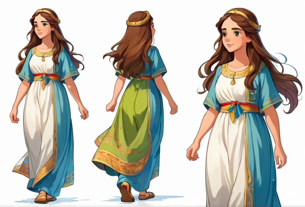  bible story, Sarah walking, character design. Front view and side view. White background 
 (masterpiece best quality:1.2) delicate illustration ultra-detailed, illustrations, bright, colourful, 