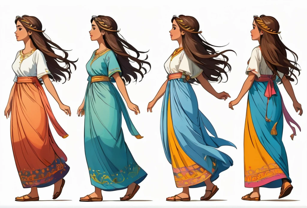 bible story, Sarah walking, character design. Front view and side view. White background
(masterpiece best quality:1.2) delicate illustration ultra-detailed, illustrations, bright, colourful,