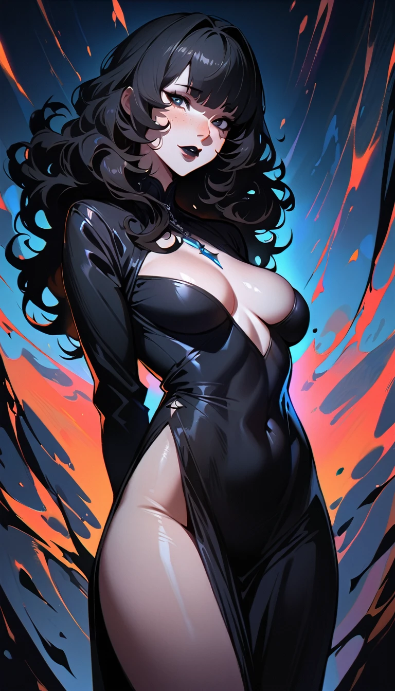 (high quality, 8k, 4K, high contrast, artwork:1.2, high quality, best aesthetics), (centered), ((1 woman)), erotic, sensual, mature body, grown woman, super detailed, beautiful face detailed, beautiful eyes detailed, detailed beautiful mouth, (long black curly hair), (black eyes), (black eyeliner), (black eyeshadow), (freckles on cheeks), (black lipstick), (standing), (erect body posture), (front view of woman), (facing camera), (hands behind back), (gothic style clothing)