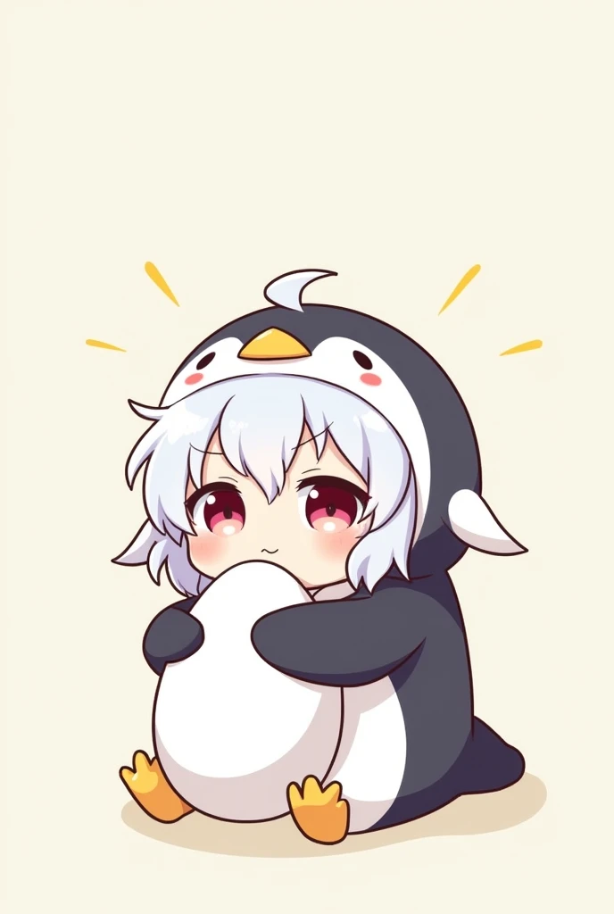 Chibi anime girl in penguin costume with white hair hugging an egg for twitch