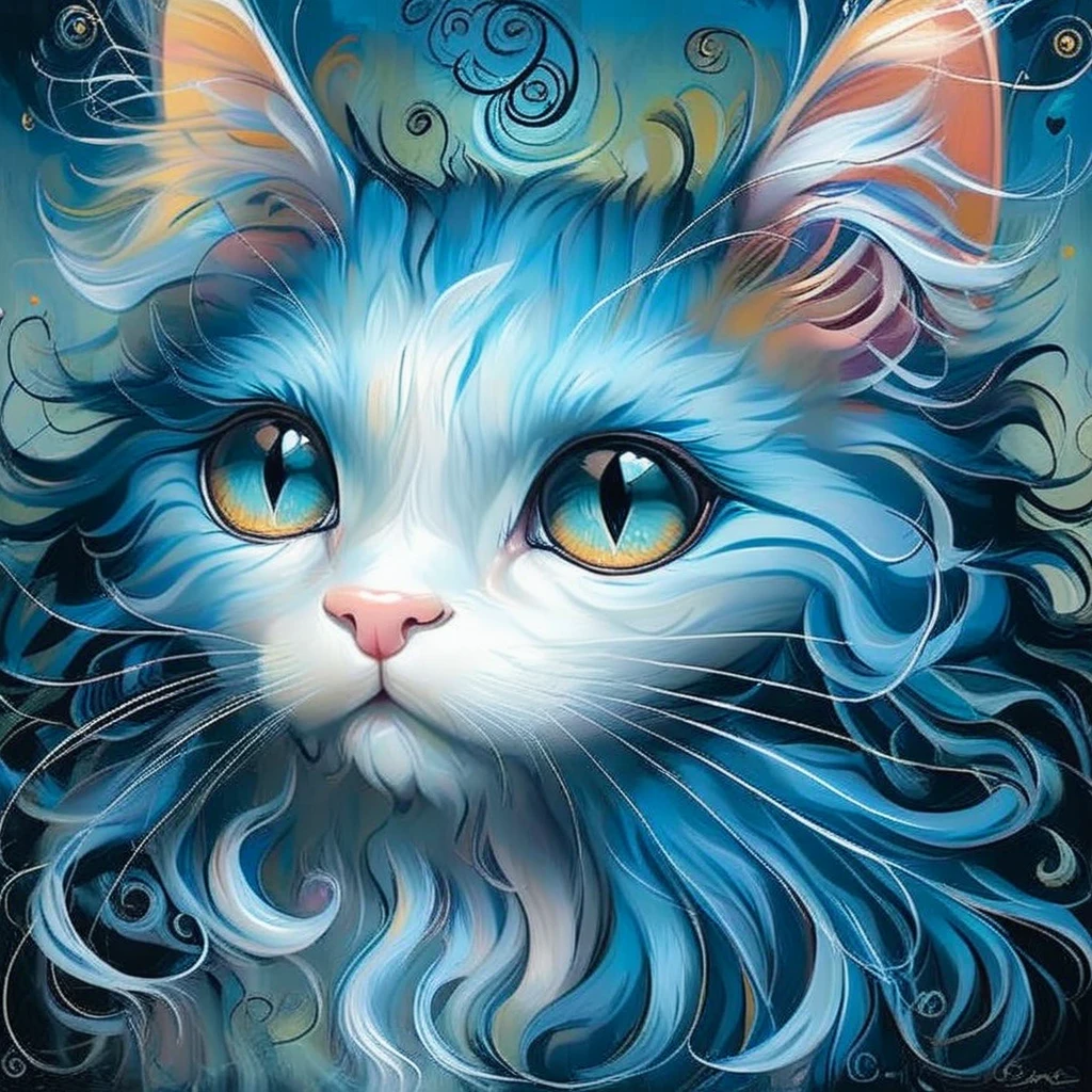 Maine Coon Cat, blue, curly fur, shinning eyes, with background, style of Jeremiah Ketner
