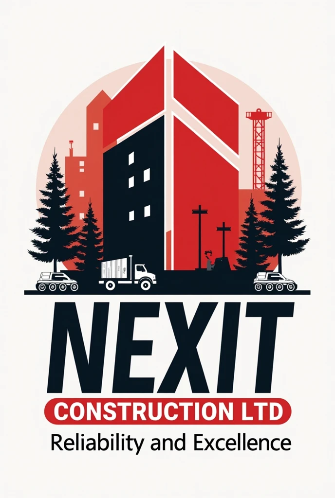 Create a company logo with the following instructions: company name: Nexit Construction Ltd.Description: Civil works, building construction and constructionCompany slogan: Reliability and ExcellenceCompany Colors: Red and BlackAdditional Features: Add any construction related features