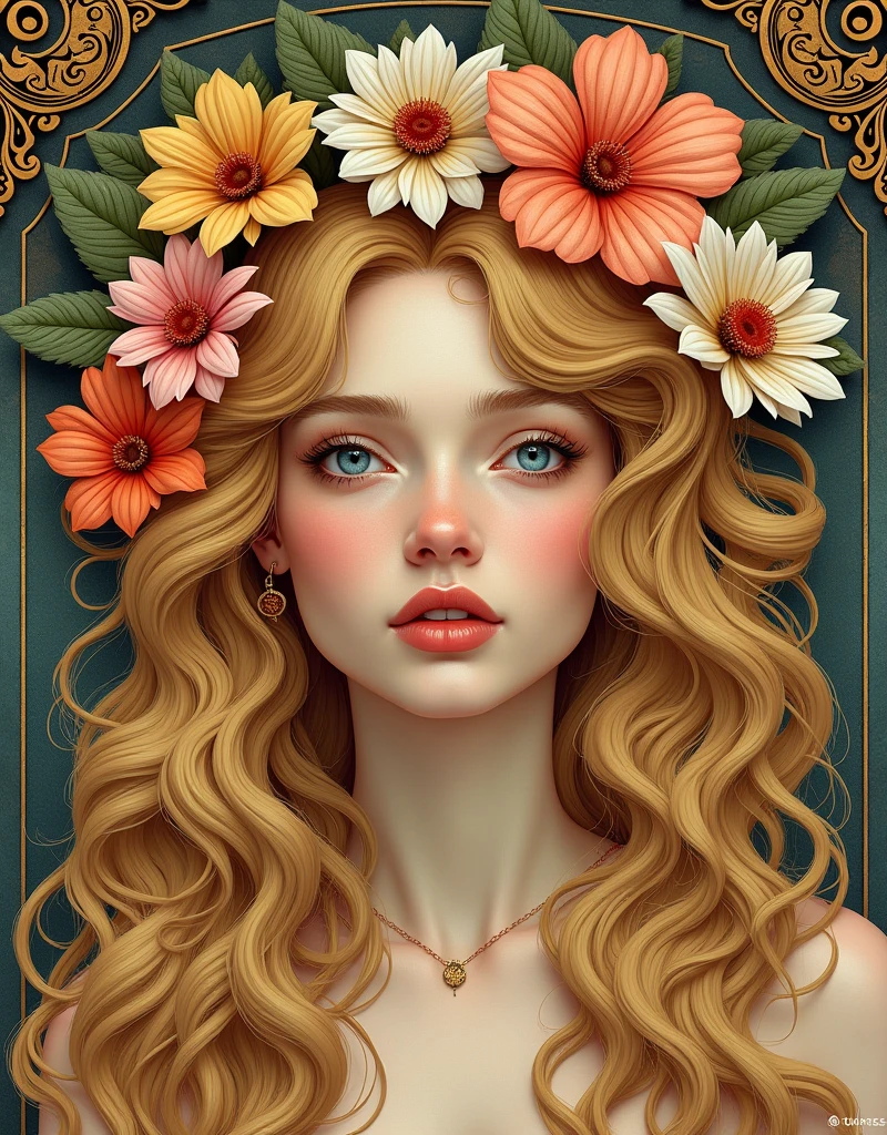 European woman's face portrait, long curly hair, blonde, flower frame, decorative panel, abstract art, by Alphonse Mucha (masterpiece, highest quality, high resolution: 1.4), detailed, intricate details, 4K, color splash, line art, Fibonacci, in underwear