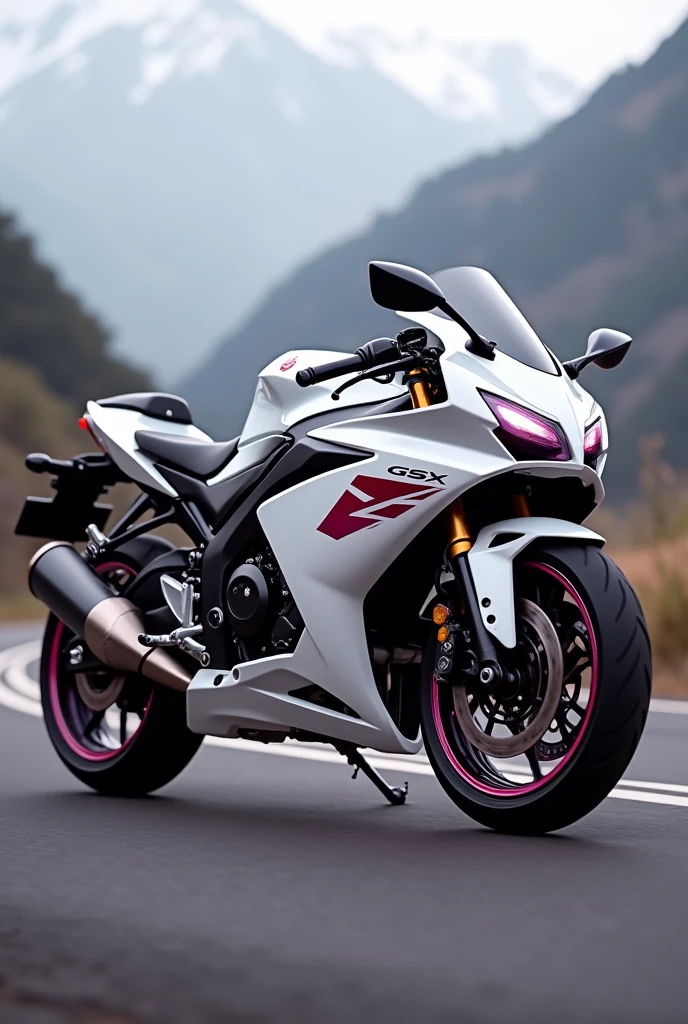 Design a Suzuki GSX 150 motorcycle in white with a burgundy iridescent blur 