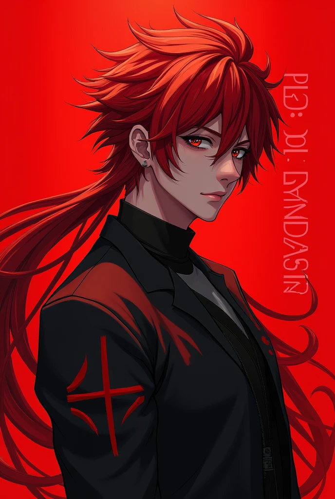 realistic anime‚ red hair‚ handsome‚ god‚ crazy‚ red background‚ logo REDGANGSTA in background