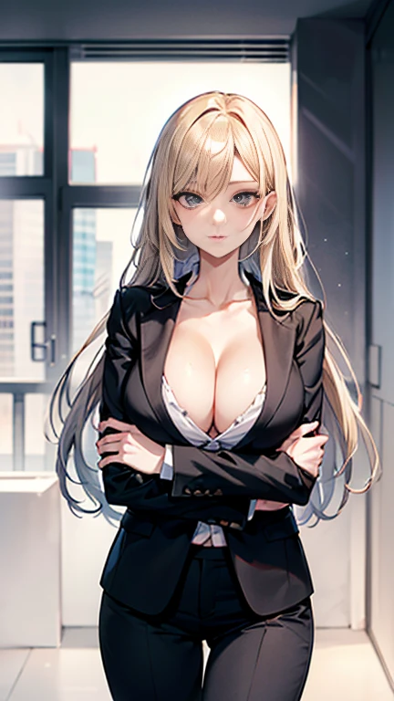 Beauty,Around 20 years old,

Blonde,
(Black Eyes),
(Semi-long hair:1.7),
(expression:Puzzled),
Squat,
Place your arms on your thighs,
Big Breasts,Cleavage:cover,

((business suit:No wrinkles:Black and striped pattern)),
((Dress shirt:Open chest:No wrinkles))
((Slack Pants:No wrinkles)), 

(Plain background:grey:1.5,ID photo),

4K,
high quality,
Highest quality,
Delicate shades,
Detailed depiction,
Depict the whole,
Facial Contour,
Perfect body structure,
Perfect skeleton,
Perfectly symmetrical eyes,