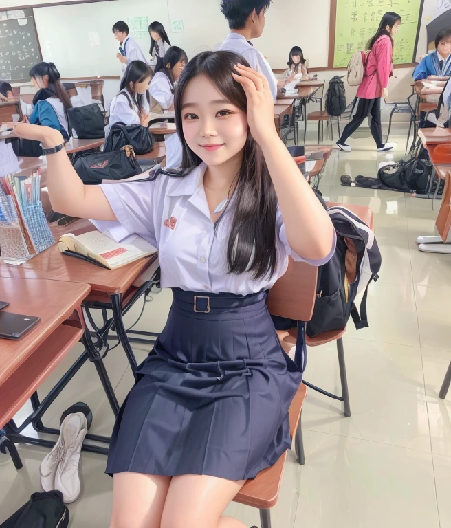 There was a woman sitting at a table with a laptop., wearing ชุดstudent, young woman wearing uniform, wearing a ชุดstudent, เด็กstudentน่ารัก, JK uniform, school girl, Thai anime girl, ของเด็กstudentหญิงกำลังโพสท่า, wearing japanese ชุดstudent, student, เด็กstudentที่เกินจริง, ชุดstudent, Wearing a headmaster&#39;s uniform, standing in class, แต่งตัวเป็นเด็กstudent