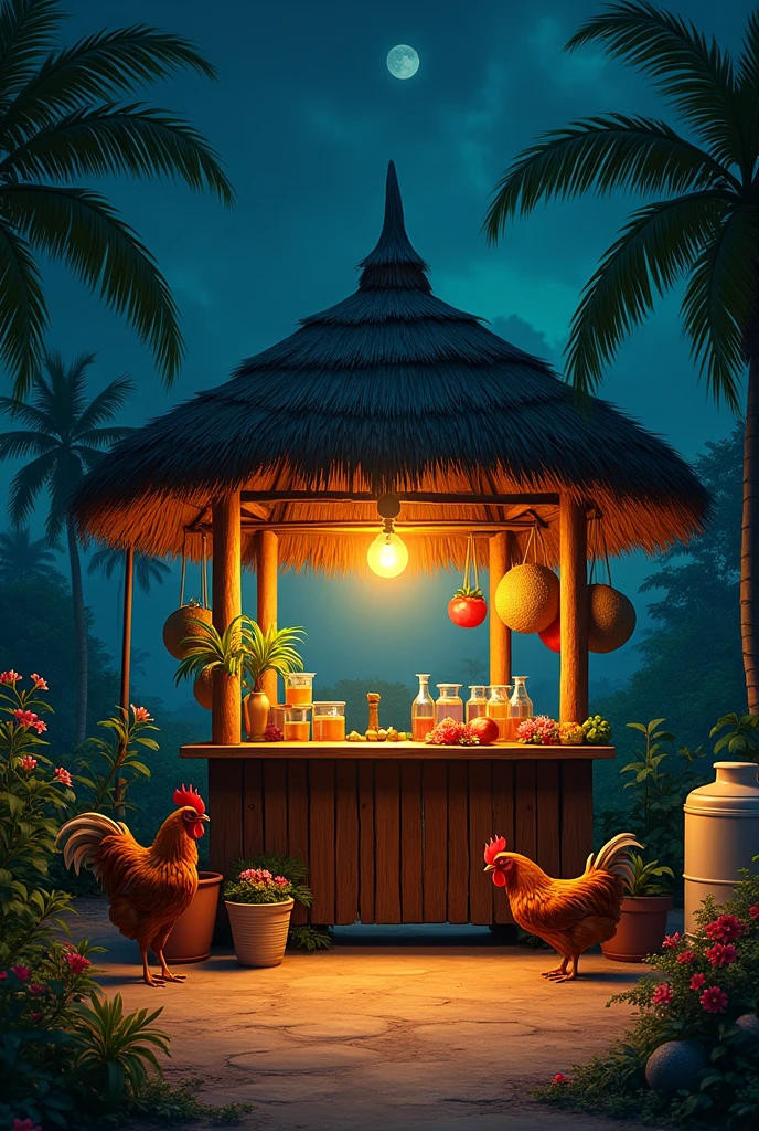 An image of a palm kiosk with chickens, a water tank, flowers and let it be night