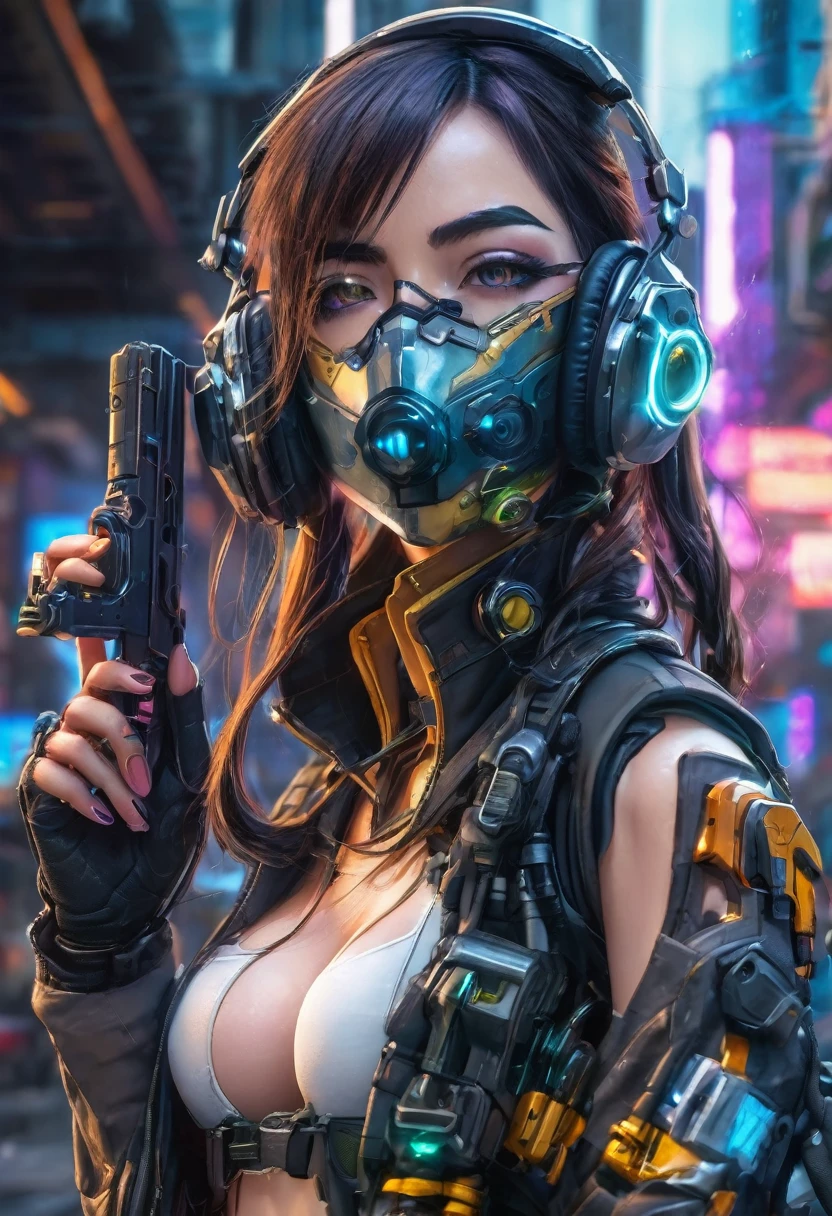 Arafed woman in uniform with headphones and a gun., cyberpunk art inspired by Leng Mei, Trends in CG society, what is?, perfect android girl, female cyberpunk anime girl, cosplay chica anime, perfect anime cyborg woman, cyberpunk anime girl, professional cosplay, trend on cgstation, mechanized soldier girl, beautiful android woman!